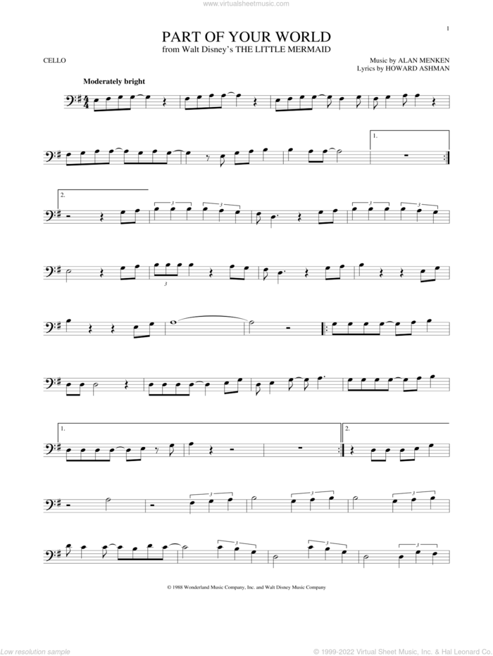 Part Of Your World (from The Little Mermaid) sheet music for cello solo by Alan Menken, Alan Menken & Howard Ashman and Howard Ashman, intermediate skill level