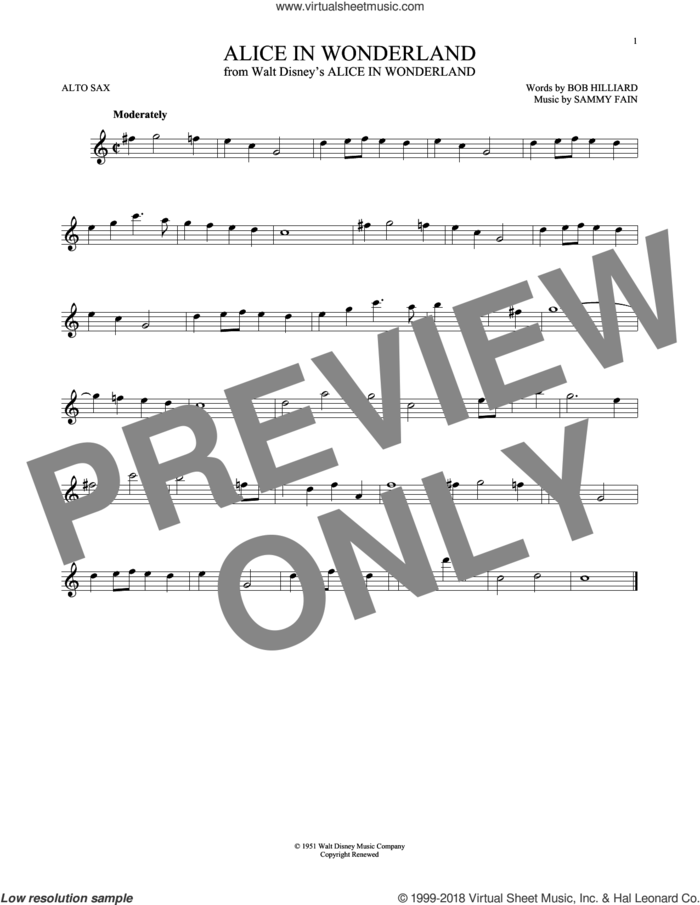 Alice In Wonderland sheet music for alto saxophone solo by Sammy Fain, Bill Evans and Bob Hilliard, intermediate skill level