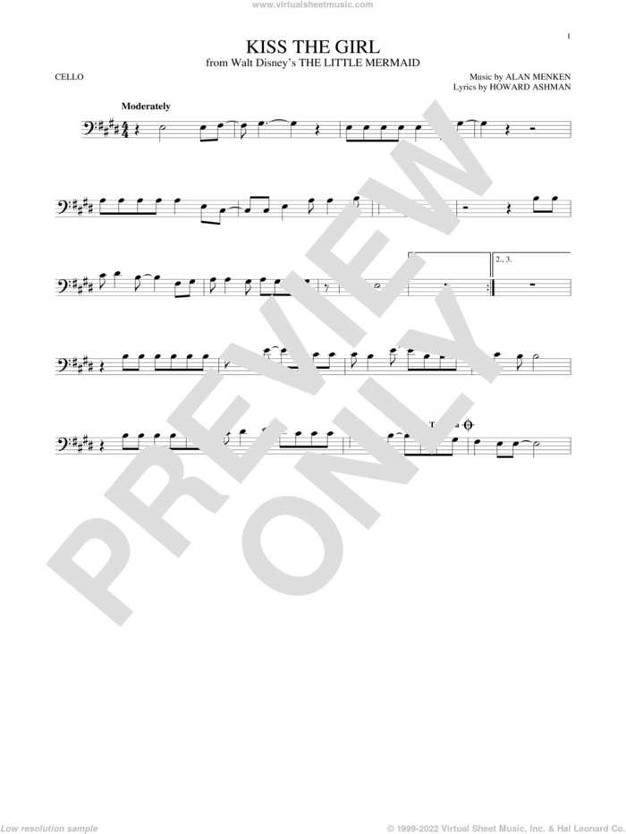 Kiss The Girl (from The Little Mermaid) sheet music for cello solo by Alan Menken, Little Texas, Alan Menken & Howard Ashman and Howard Ashman, intermediate skill level