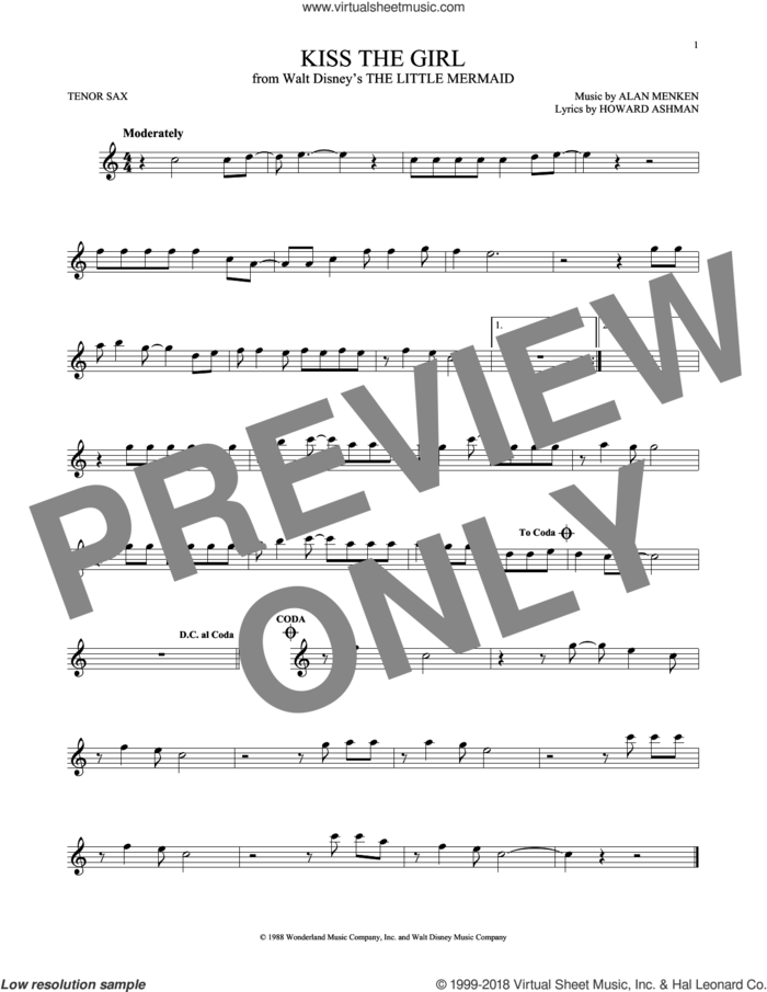Kiss The Girl (from The Little Mermaid) sheet music for tenor saxophone solo by Alan Menken, Little Texas, Alan Menken & Howard Ashman and Howard Ashman, intermediate skill level