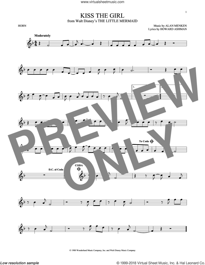 Kiss The Girl (from The Little Mermaid) sheet music for horn solo by Alan Menken, Little Texas, Alan Menken & Howard Ashman and Howard Ashman, intermediate skill level