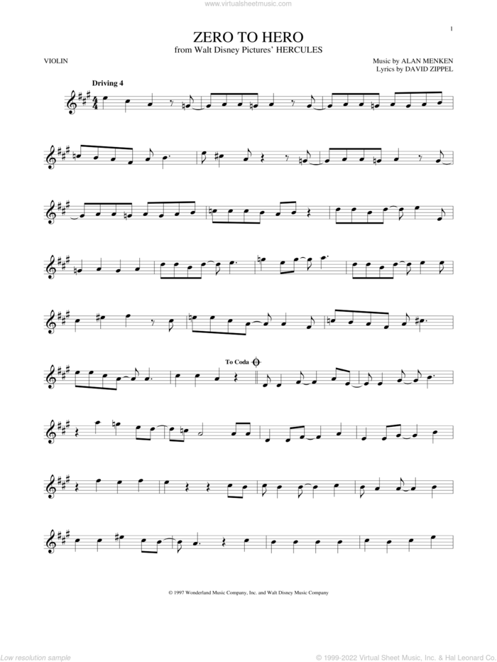 Zero To Hero (from Hercules) sheet music for violin solo by Alan Menken, Alan Menken & David Zippel and David Zippel, intermediate skill level