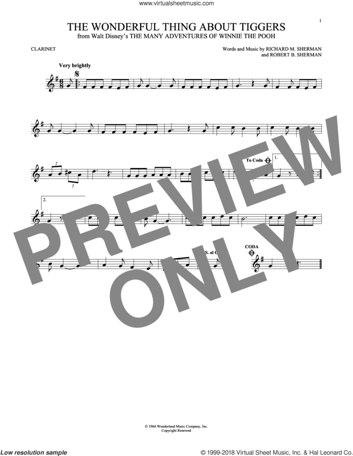 The Wonderful Thing About Tiggers sheet music for clarinet solo by Richard M. Sherman, Richard & Robert Sherman and Robert B. Sherman, intermediate skill level