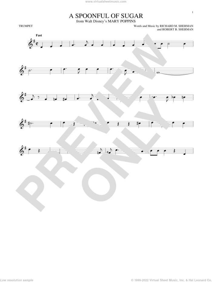 A Spoonful Of Sugar (from Mary Poppins) sheet music for trumpet solo by Richard M. Sherman, Richard & Robert Sherman, Robert B. Sherman and Sherman Brothers, intermediate skill level