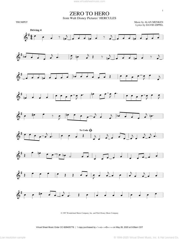 Zero To Hero (from Hercules) sheet music for trumpet solo by Alan Menken, Alan Menken & David Zippel and David Zippel, intermediate skill level