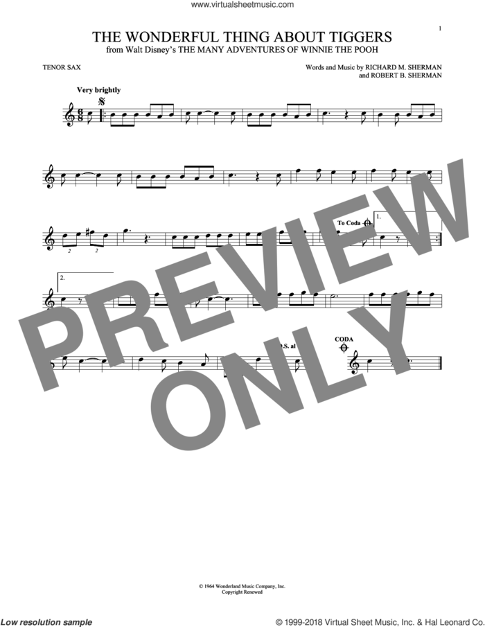 The Wonderful Thing About Tiggers (from The Many Adventures Of Winnie The Pooh) sheet music for tenor saxophone solo by Sherman Brothers, Richard & Robert Sherman, Richard M. Sherman and Robert B. Sherman, intermediate skill level