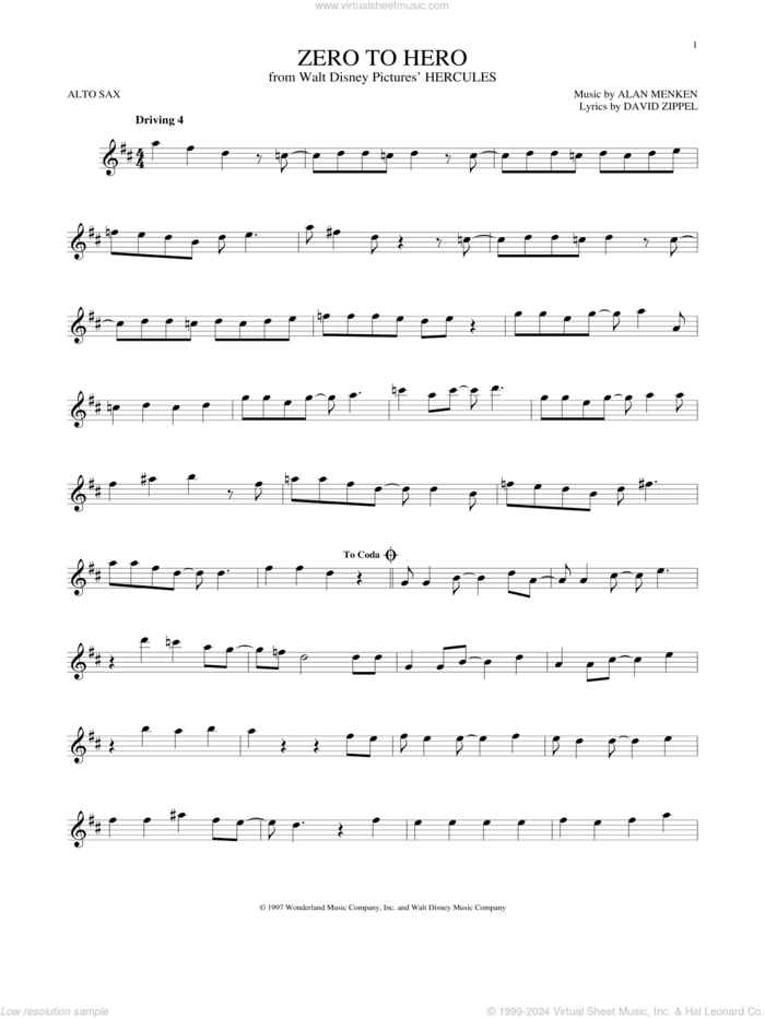 Zero To Hero (from Hercules) sheet music for alto saxophone solo by Alan Menken, Alan Menken & David Zippel and David Zippel, intermediate skill level