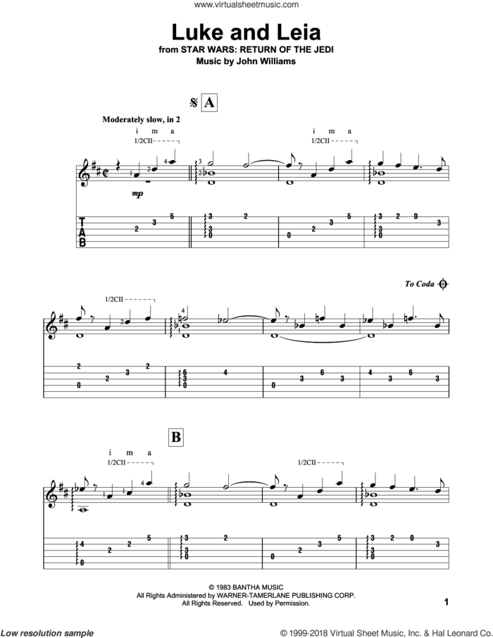 Luke And Leia (from Star Wars: Return of the Jedi) sheet music for guitar solo by John Williams, intermediate skill level