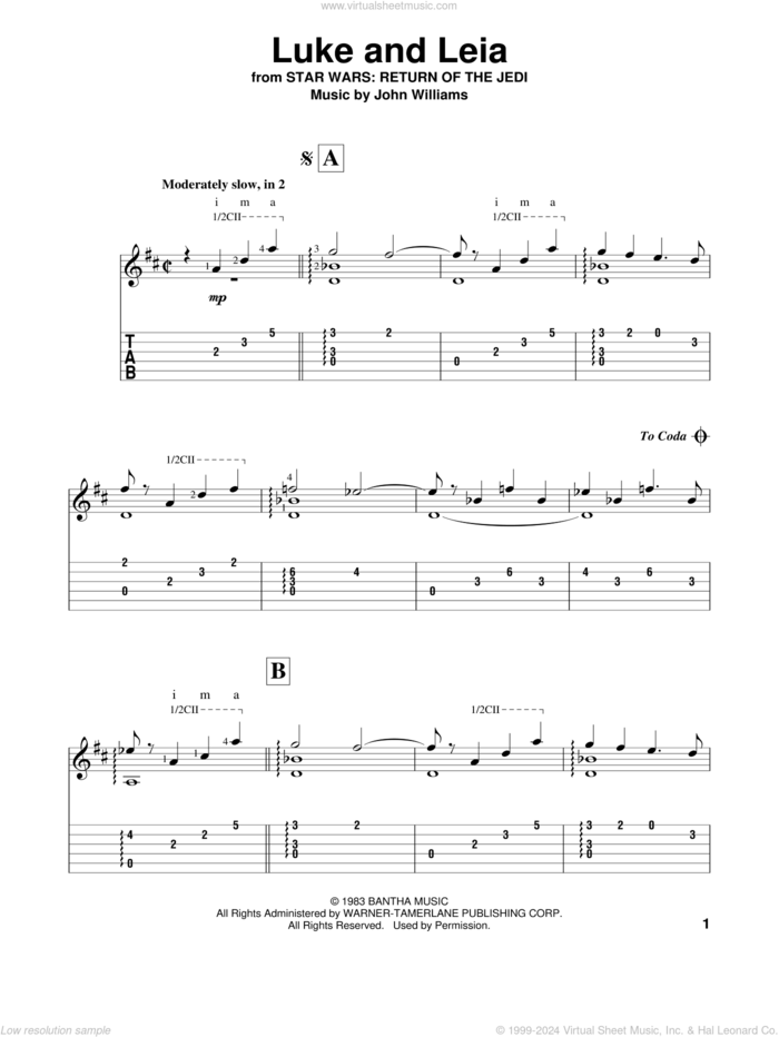 Luke And Leia (from Star Wars: Return of the Jedi) sheet music for guitar solo by John Williams, intermediate skill level