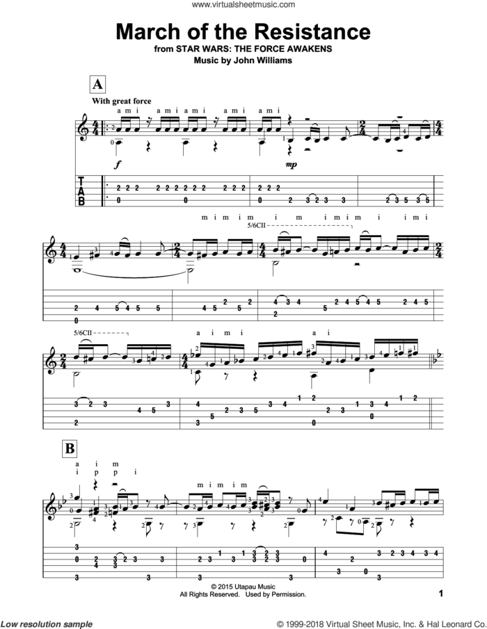 March Of The Resistance sheet music for guitar solo by John Williams, intermediate skill level