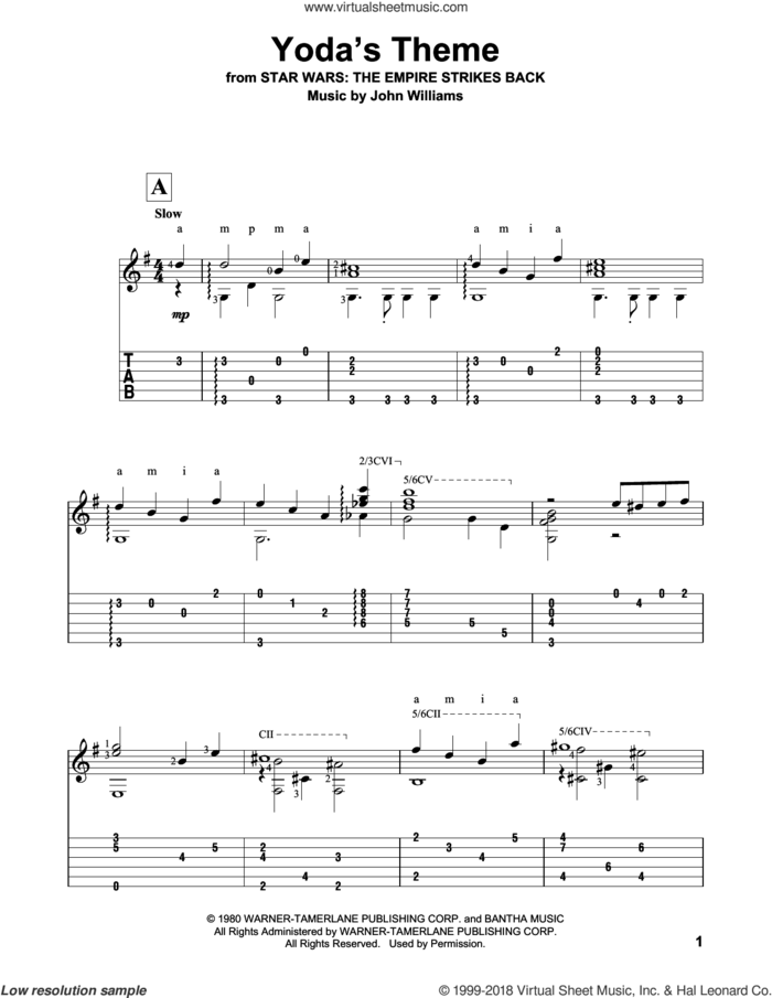 Yoda's Theme (from Star Wars: The Empire Strikes Back) sheet music for guitar solo by John Williams, intermediate skill level