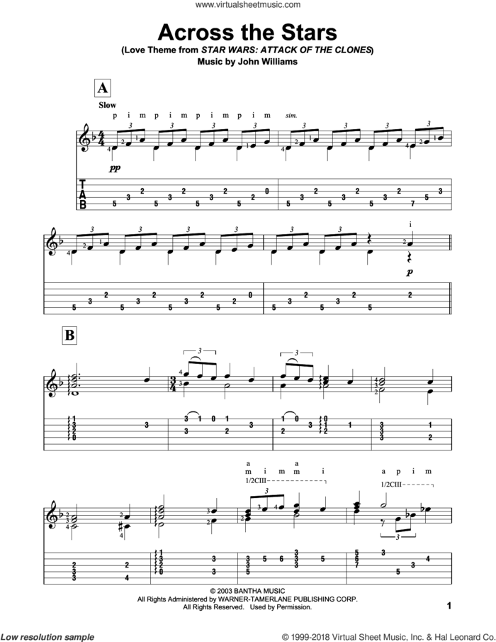 Across The Stars (from Star Wars: Attack of the Clones) sheet music for guitar solo by John Williams, intermediate skill level