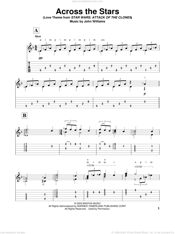 Across The Stars (from Star Wars: Attack of the Clones) sheet music for guitar solo by John Williams, intermediate skill level