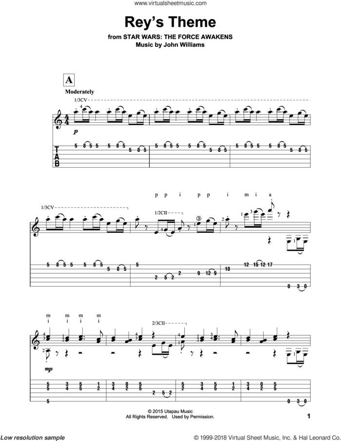 Rey's Theme sheet music for guitar solo by John Williams, intermediate skill level
