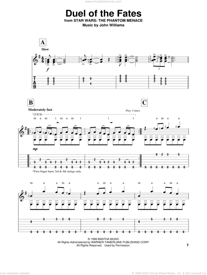 Duel Of The Fates (from Star Wars: The Phantom Menace) sheet music for guitar solo by John Williams, intermediate skill level