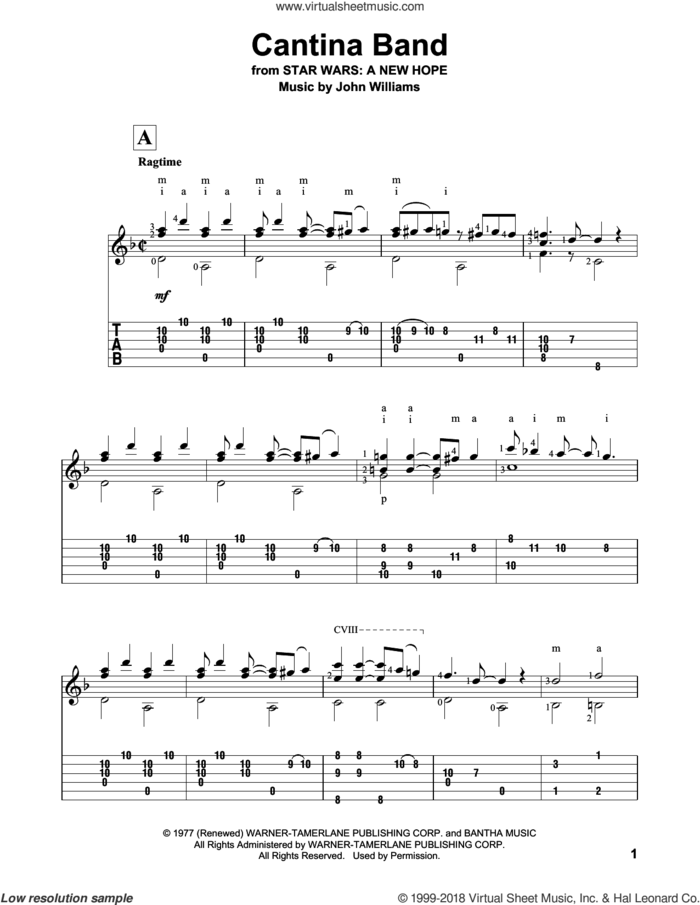 Cantina Band (from Star Wars: A New Hope) sheet music for guitar solo by John Williams, intermediate skill level