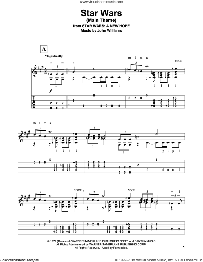 Star Wars (Main Theme), (intermediate) (Main Theme) sheet music for guitar solo by John Williams, intermediate skill level