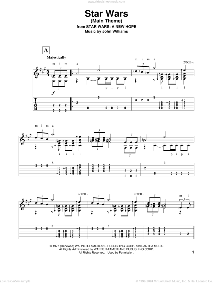 Star Wars (Main Theme), (intermediate) (Main Theme) sheet music for guitar solo by John Williams, intermediate skill level