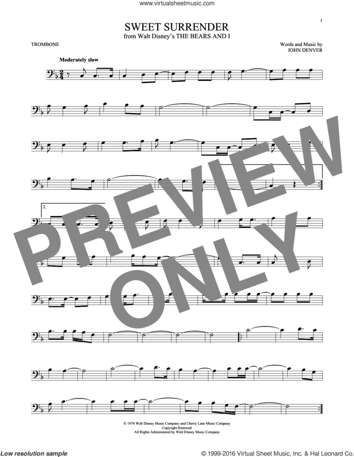 Sweet Surrender sheet music for trombone solo by John Denver, intermediate skill level