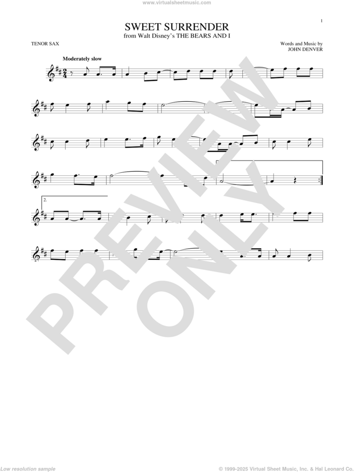 Sweet Surrender sheet music for tenor saxophone solo by John Denver, intermediate skill level