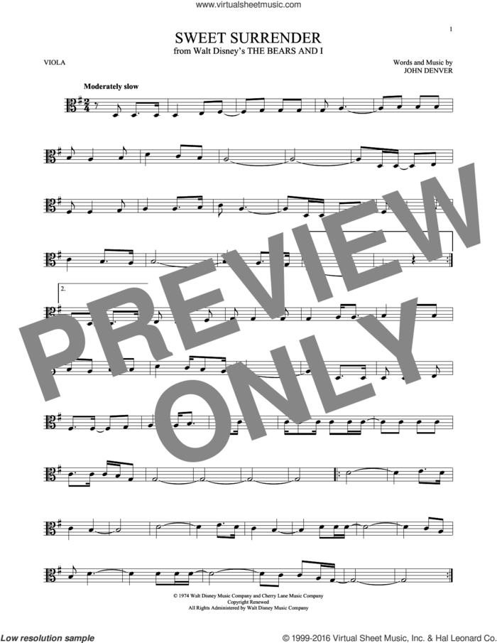 Sweet Surrender sheet music for viola solo by John Denver, intermediate skill level