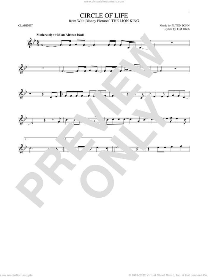 Circle Of Life (from The Lion King) sheet music for clarinet solo by Elton John and Tim Rice, intermediate skill level