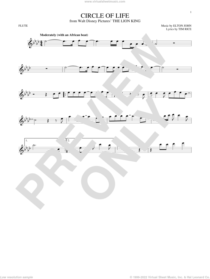 Circle Of Life sheet music for flute solo by Elton John and Tim Rice, intermediate skill level