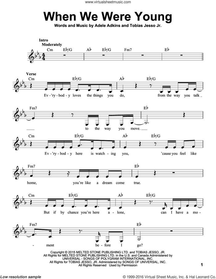 When We Were Young sheet music for voice solo by Adele, Adele Adkins and Tobias Jesso Jr., intermediate skill level