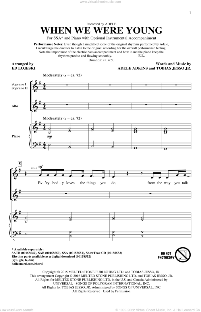 When We Were Young (arr. Ed Lojeski) sheet music for choir (SSA: soprano, alto) by Ed Lojeski, Adele, Adele Adkins and Tobias Jesso Jr., intermediate skill level