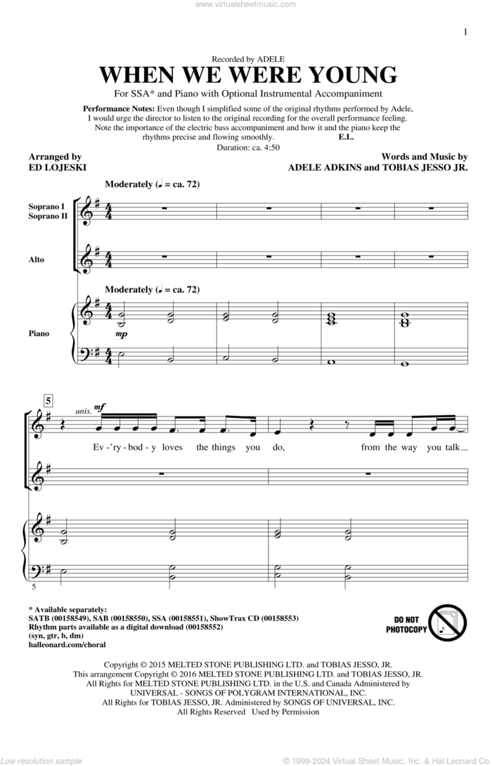 When We Were Young (arr. Ed Lojeski) sheet music for choir (SSA: soprano, alto) by Ed Lojeski, Adele, Adele Adkins and Tobias Jesso Jr., intermediate skill level