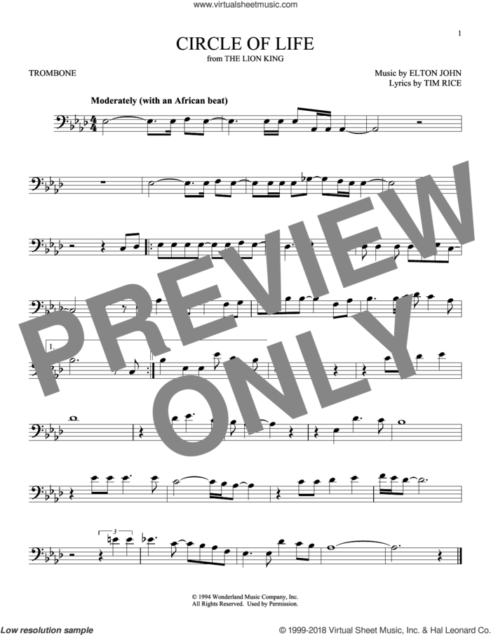 Circle Of Life (from The Lion King) sheet music for trombone solo by Elton John and Tim Rice, intermediate skill level