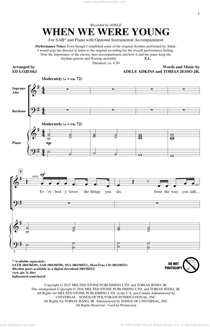 When We Were Young (arr. Ed Lojeski) sheet music for choir (SAB: soprano, alto, bass) by Ed Lojeski, Adele, Adele Adkins and Tobias Jesso Jr., intermediate skill level