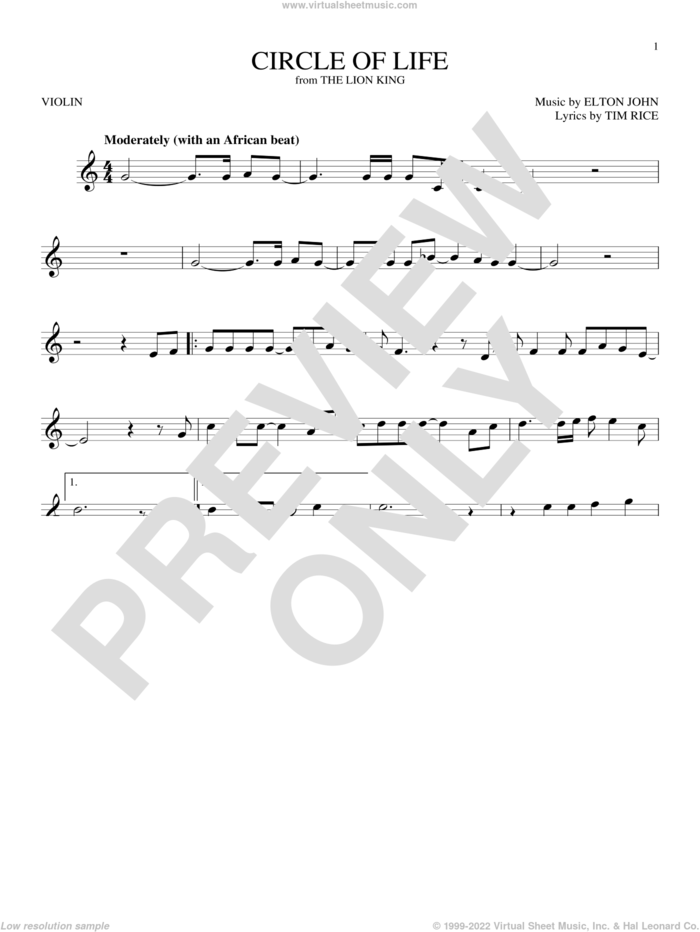Circle Of Life (from The Lion King) sheet music for violin solo by Elton John and Tim Rice, intermediate skill level