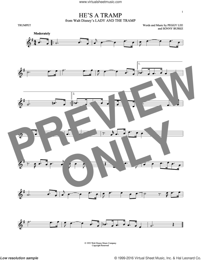 He's A Tramp (from Lady And The Tramp) sheet music for trumpet solo by Peggy Lee, Peggy Lee & Sonny Burke and Sonny Burke, intermediate skill level
