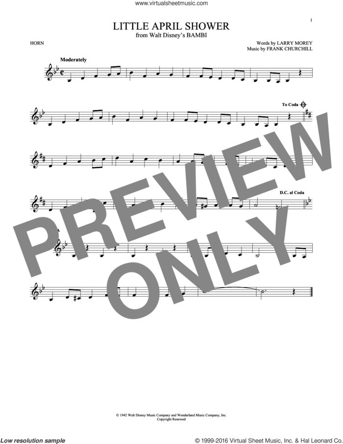 Little April Shower sheet music for horn solo by Frank Churchill and Larry Morey, intermediate skill level