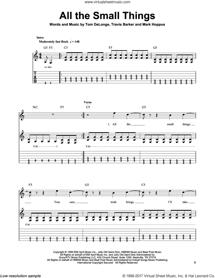 All The Small Things sheet music for guitar solo (easy tablature) by Blink 182, Mark Hoppus, Tom DeLonge and Travis Barker, easy guitar (easy tablature)