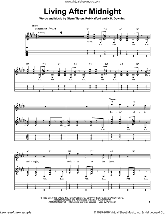 Living After Midnight sheet music for guitar solo (easy tablature) by Judas Priest, Glenn Raymond Tipton, Kenneth Downing and Rob Halford, easy guitar (easy tablature)