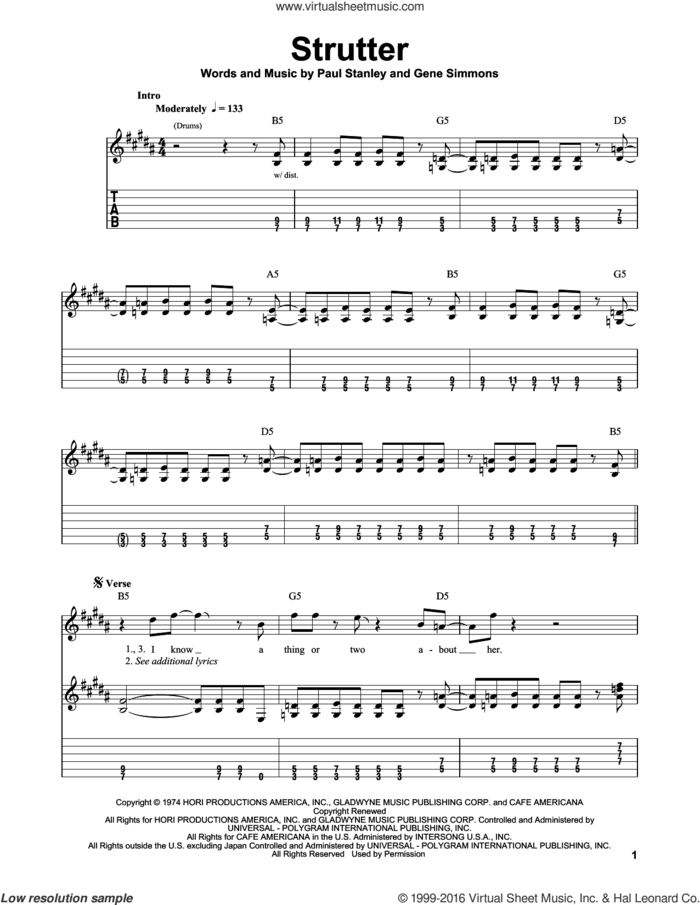 Strutter sheet music for guitar solo (easy tablature) by KISS, Gene Simmons and Paul Stanley, easy guitar (easy tablature)