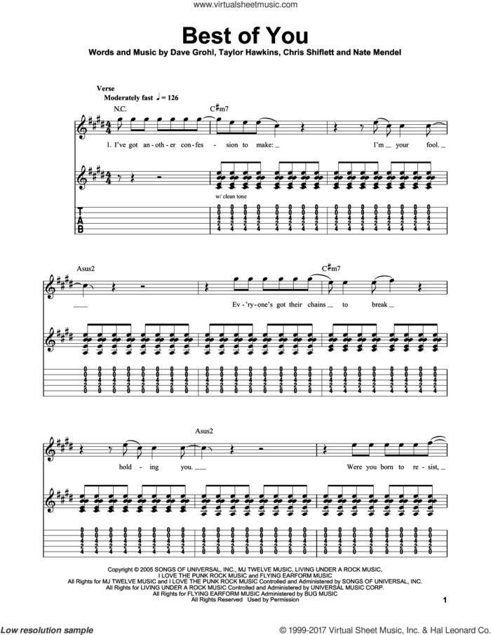 Best Of You sheet music for guitar solo (easy tablature) by Foo Fighters, Chris Shiflett, Dave Grohl, Nate Mendel and Taylor Hawkins, easy guitar (easy tablature)