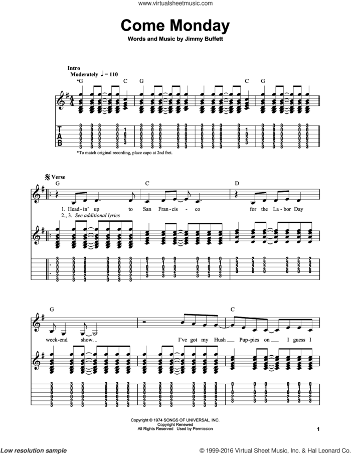 Come Monday sheet music for guitar solo (easy tablature) by Jimmy Buffett, easy guitar (easy tablature)