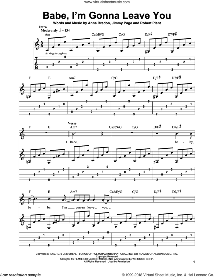 Babe, I'm Gonna Leave You sheet music for guitar solo (easy tablature) by Led Zeppelin, Anne Bredon, Jimmy Page and Robert Plant, easy guitar (easy tablature)