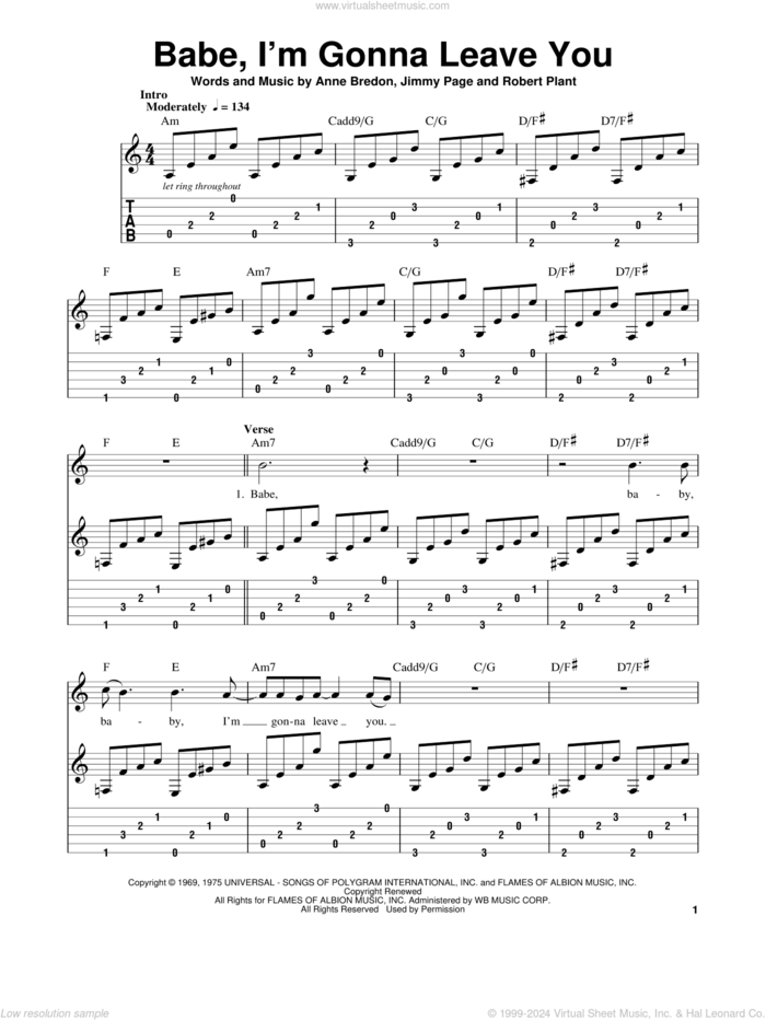 Babe, I'm Gonna Leave You sheet music for guitar solo (easy tablature) by Led Zeppelin, Anne Bredon, Jimmy Page and Robert Plant, easy guitar (easy tablature)