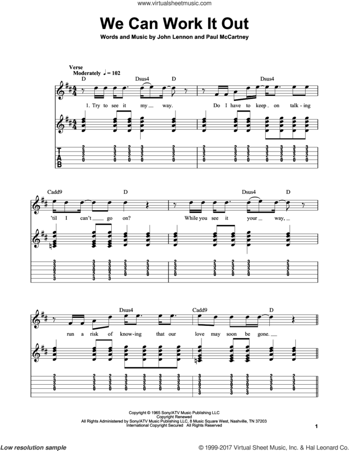 We Can Work It Out sheet music for guitar solo (easy tablature) by The Beatles, John Lennon and Paul McCartney, easy guitar (easy tablature)