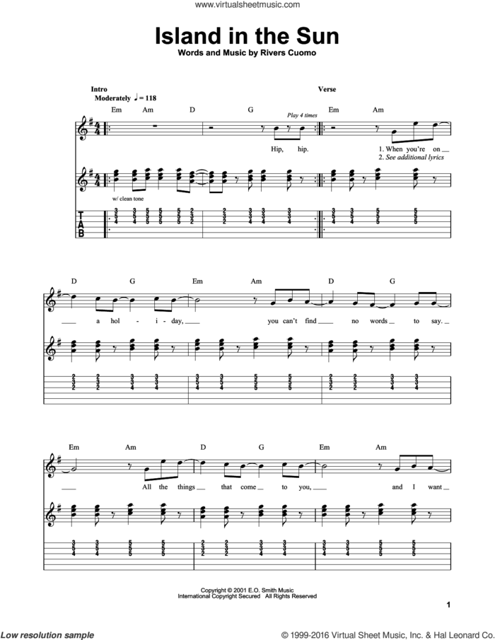Island In The Sun sheet music for guitar solo (easy tablature) by Weezer and Rivers Cuomo, easy guitar (easy tablature)