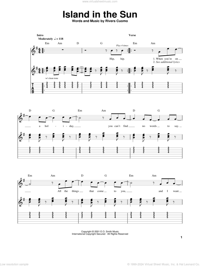 Island In The Sun sheet music for guitar solo (easy tablature) by Weezer and Rivers Cuomo, easy guitar (easy tablature)