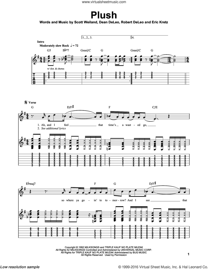 Plush sheet music for guitar solo (easy tablature) by Stone Temple Pilots, Dean DeLeo, Eric Kretz, Robert DeLeo and Scott Weiland, easy guitar (easy tablature)