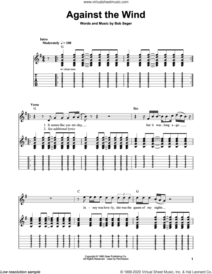 Against The Wind sheet music for guitar solo (easy tablature) by Bob Seger and Bob Seger & The Silver Bullet Band, easy guitar (easy tablature)