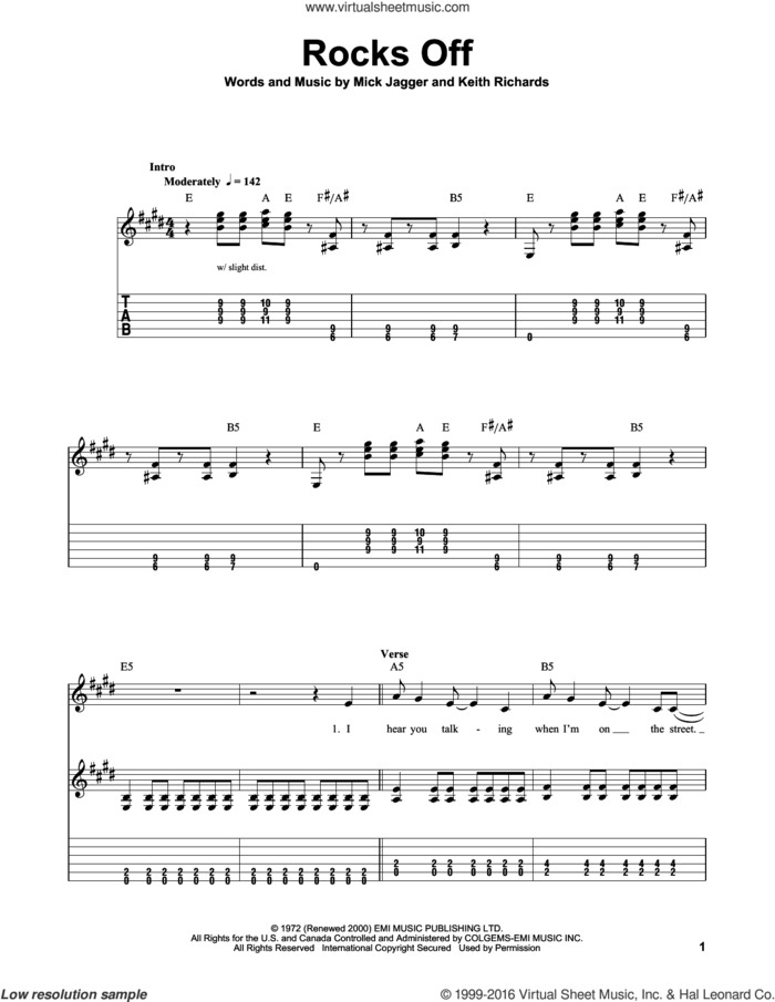 Rocks Off sheet music for guitar solo (easy tablature) by The Rolling Stones, Keith Richards and Mick Jagger, easy guitar (easy tablature)
