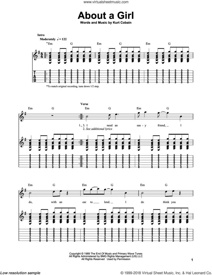 About A Girl sheet music for guitar solo (easy tablature) by Nirvana and Kurt Cobain, easy guitar (easy tablature)