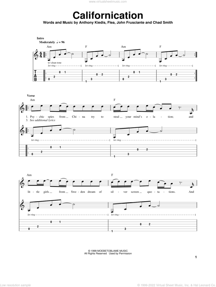 Californication sheet music for guitar solo (easy tablature) by Red Hot Chili Peppers, Anthony Kiedis, Chad Smith, Flea and John Frusciante, easy guitar (easy tablature)